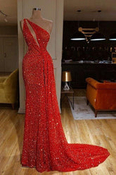 Bling Red One Shoulder Sequins Sexy Sheath Prom Dress